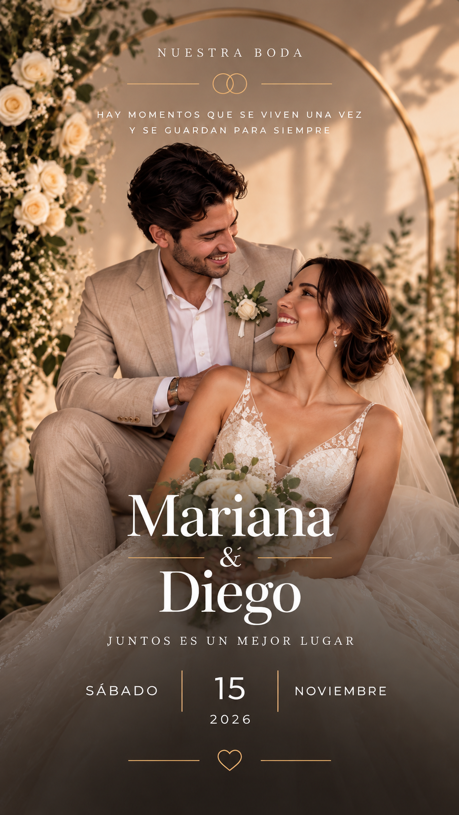 Invitación digital elegante de boda mostrada en el smartphone